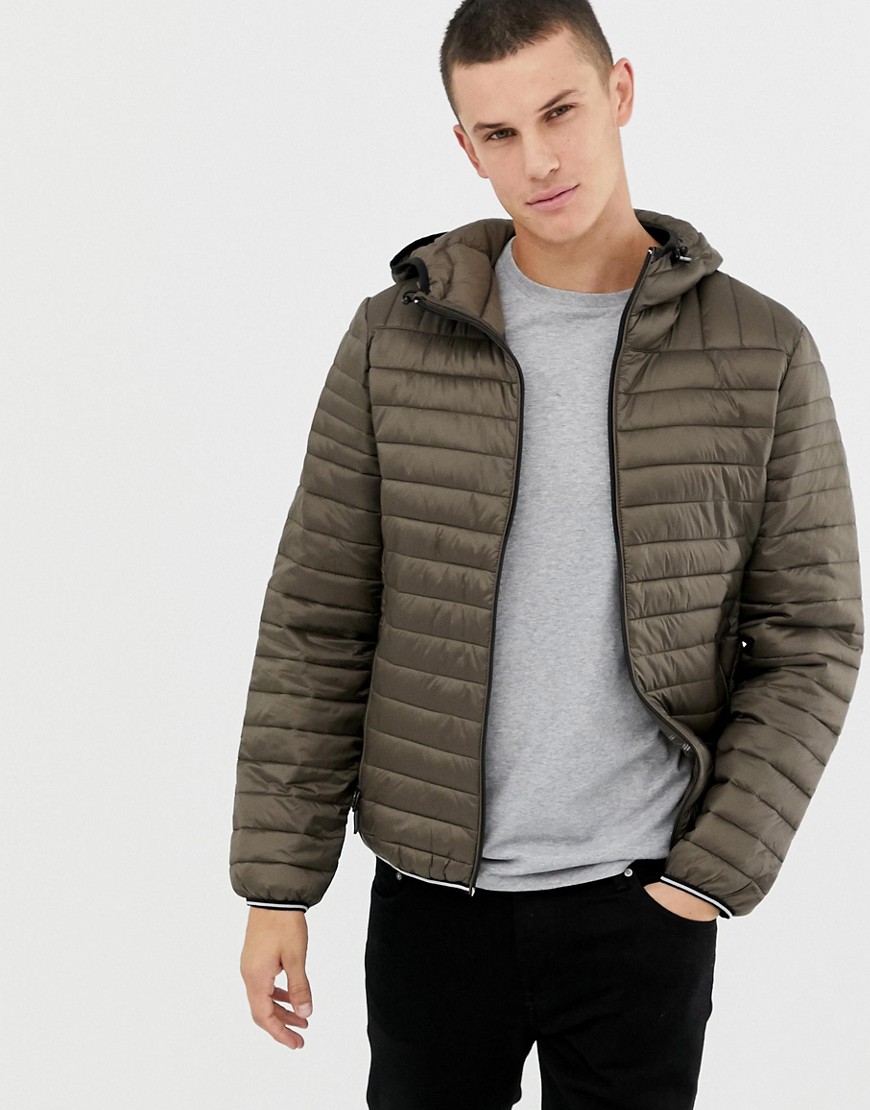 Celio lightweight hooded quilted jacket in brown