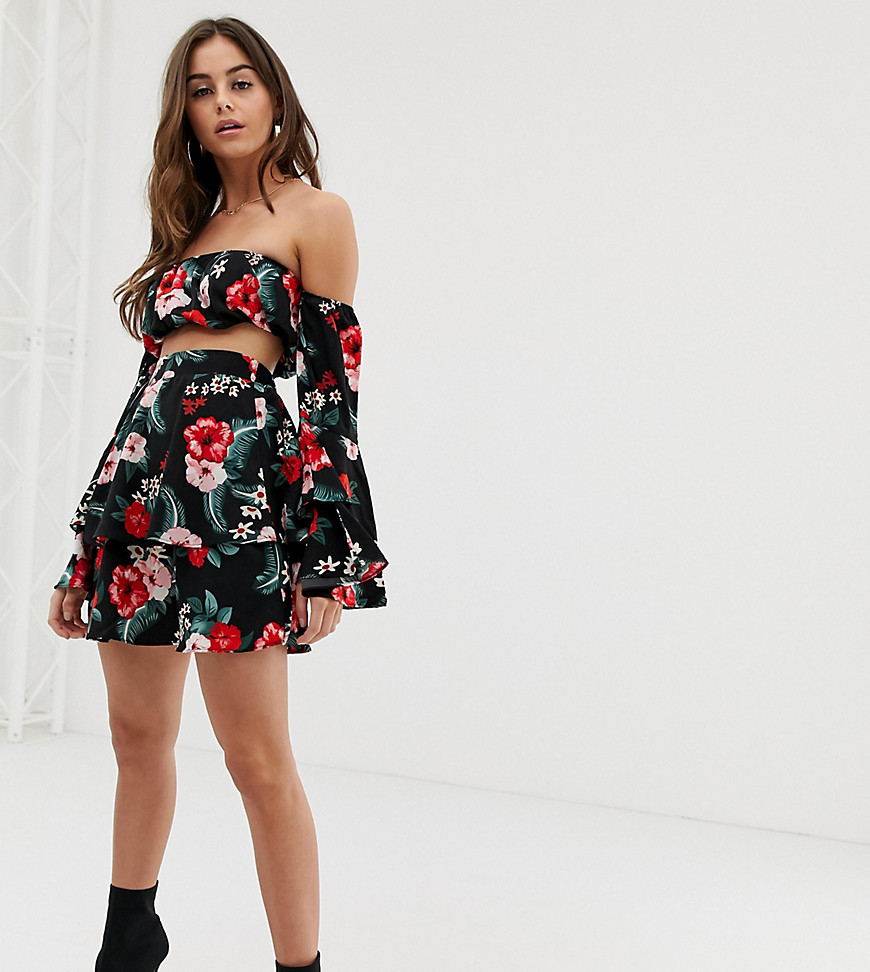 PrettyLittleThing co-ord mini skirt with frill detail in black floral