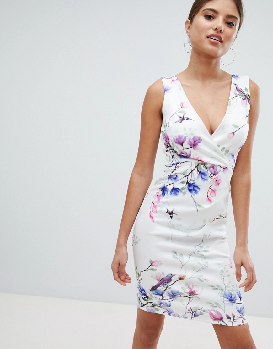 Jessica Wright Printed Pencil Dress With Side Ruched Detail