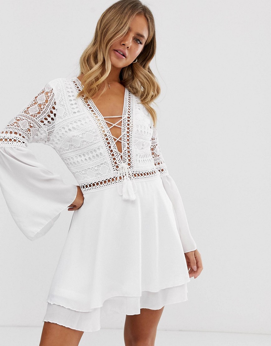 Parisian lace up tunic dress with crochet top and bell sleeves