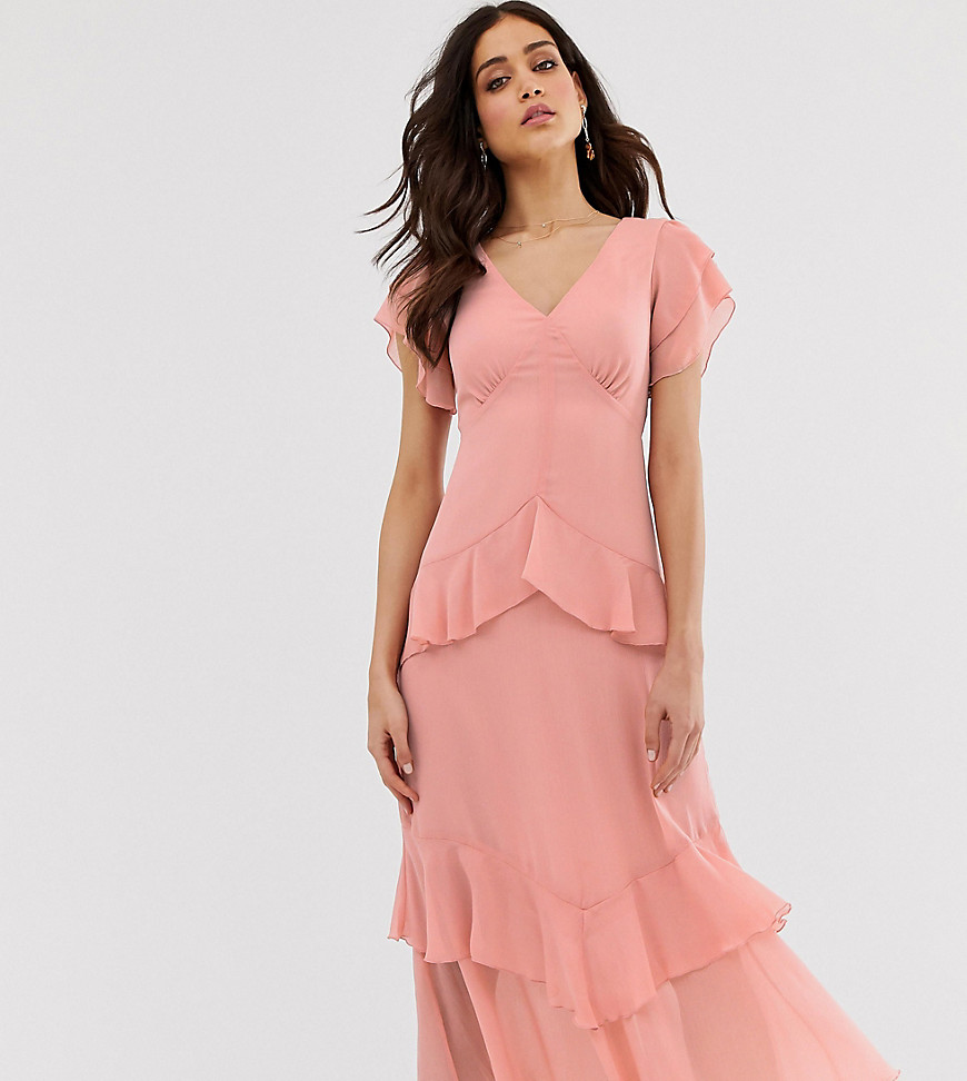 Warehouse tiered maxi dress with ruffles in pink