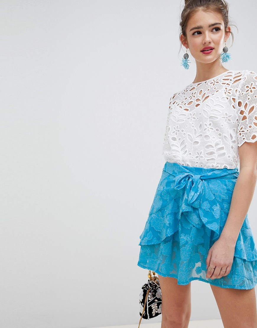 ASOS DESIGN frill mini skirt with tie waist in soft jacquard
