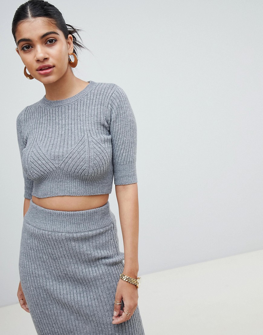 Fashion Union Knitted Top In Rib Co-Ord - Grey