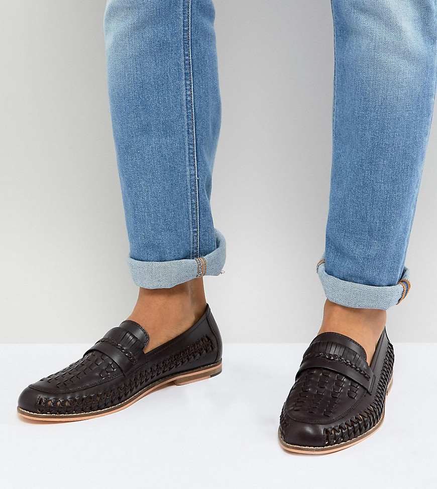 Frank Wright Wide Fit Woven Loafers In Brown Leather