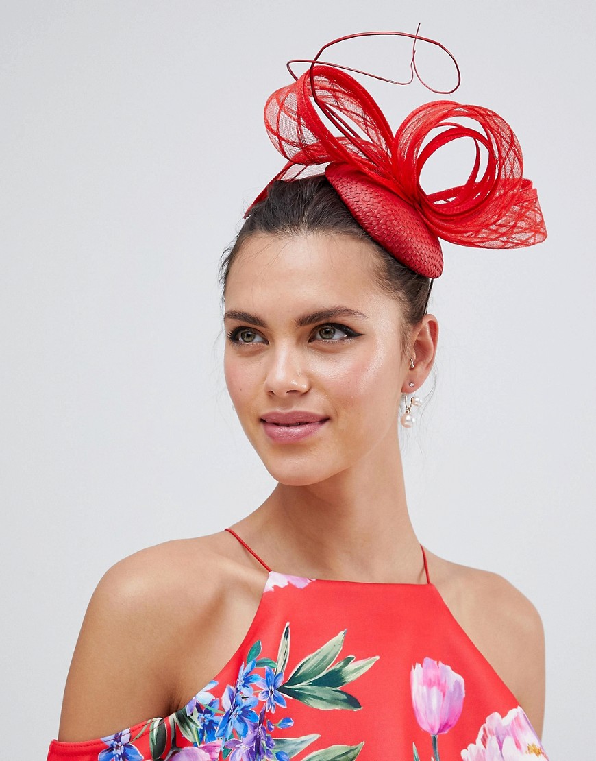 Vixen Macaroon Shape Hat with Patterned Sinamay Detail in Red - Red