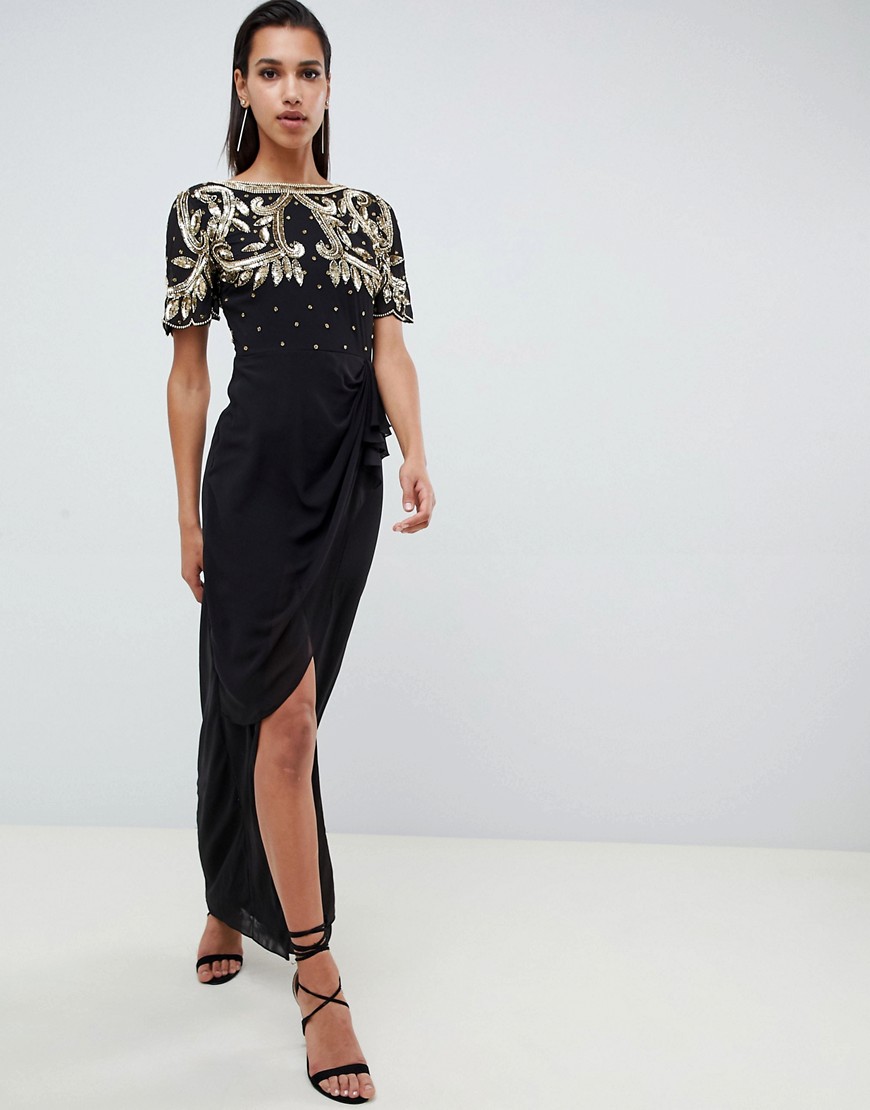 Virgos Lounge baroque embellished maxi dress with frill wrap skirt in black
