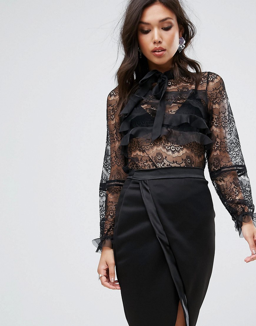 True Decadence All Over Lace Blouse With Ruffle Detail - Black