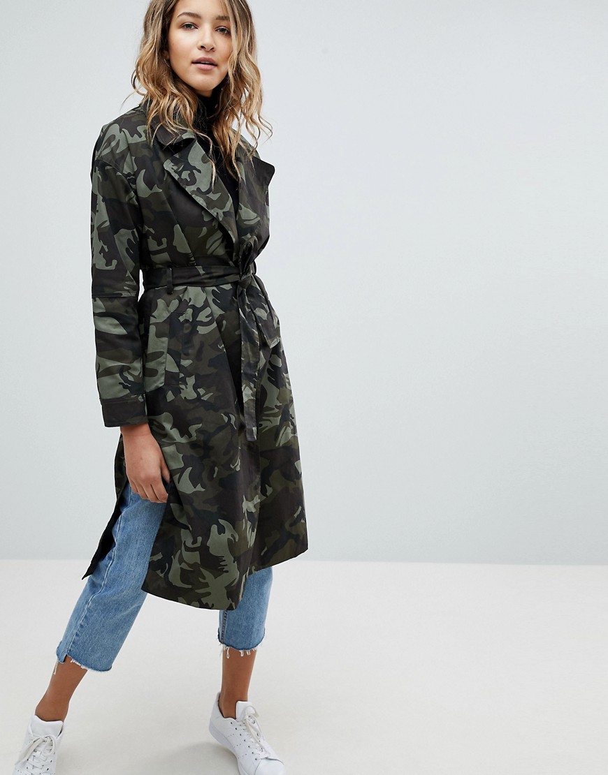Missguided Camo Belted Coat - Green