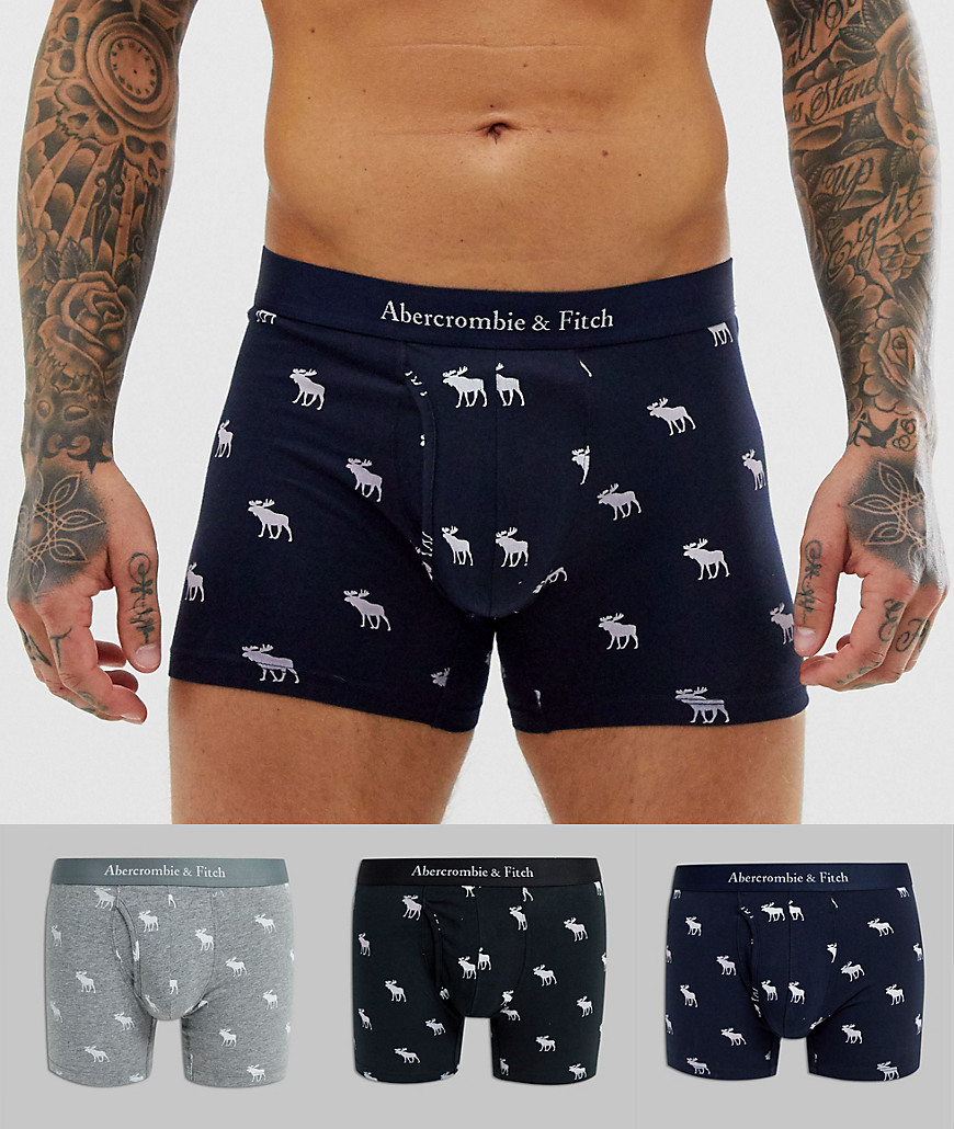 Abercrombie & Fitch 3 pack all over icon logo print trunks in black/grey/navy