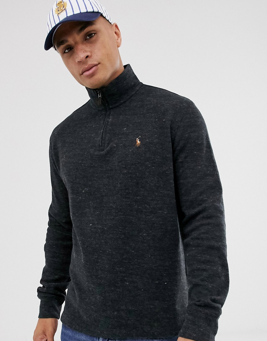 Polo Ralph Lauren half zip knitted jumper in charcoal marl with multi player logo