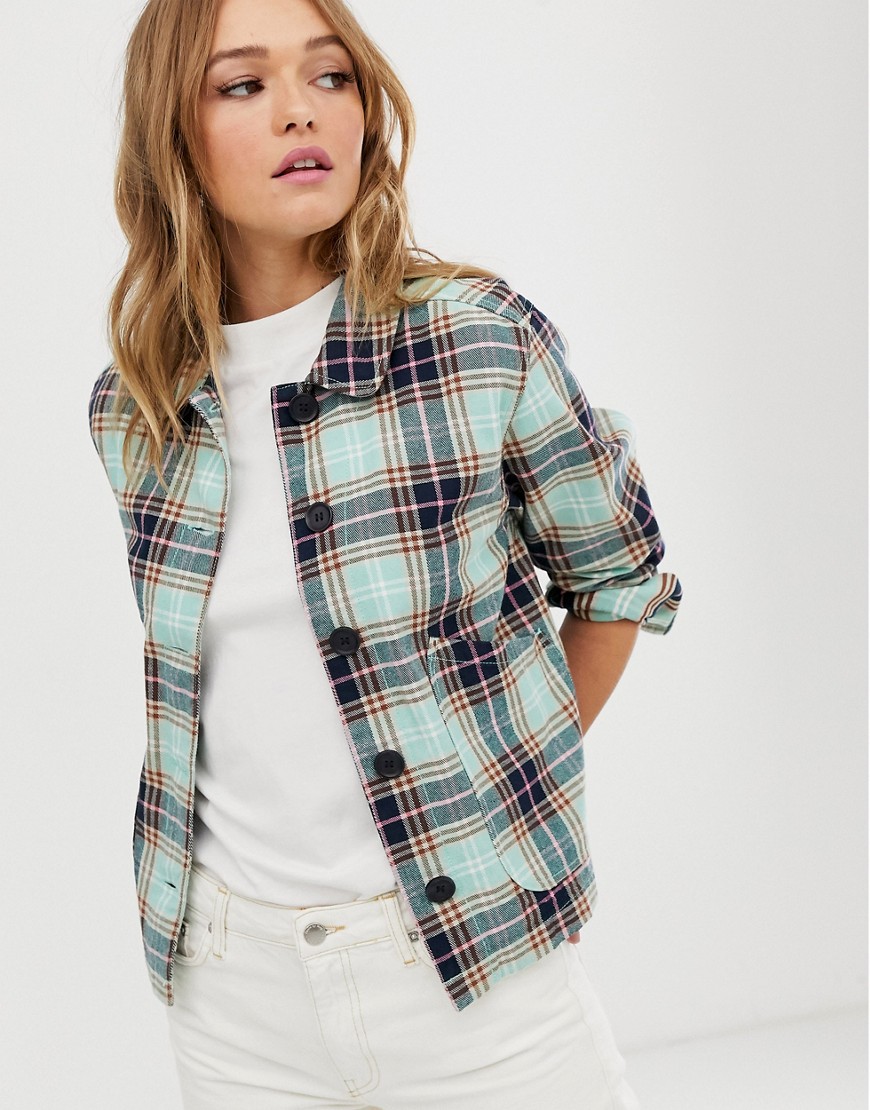 Monki button up jacket with check print in multi
