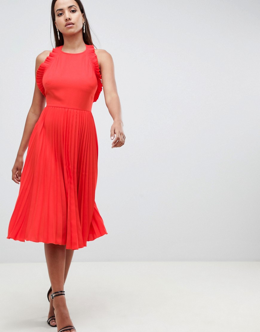 ASOS DESIGN pleated midi dress with ruffle open back