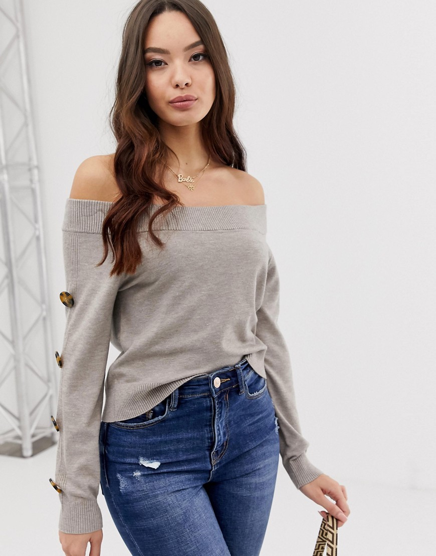 Asos Design Bardot Sweater With Button Sleeve Detail-stone