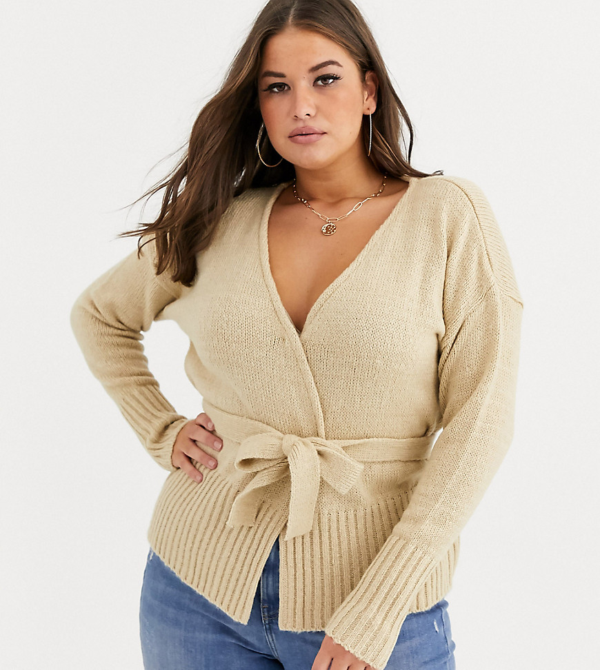 Boohoo Plus belted cardigan in camel