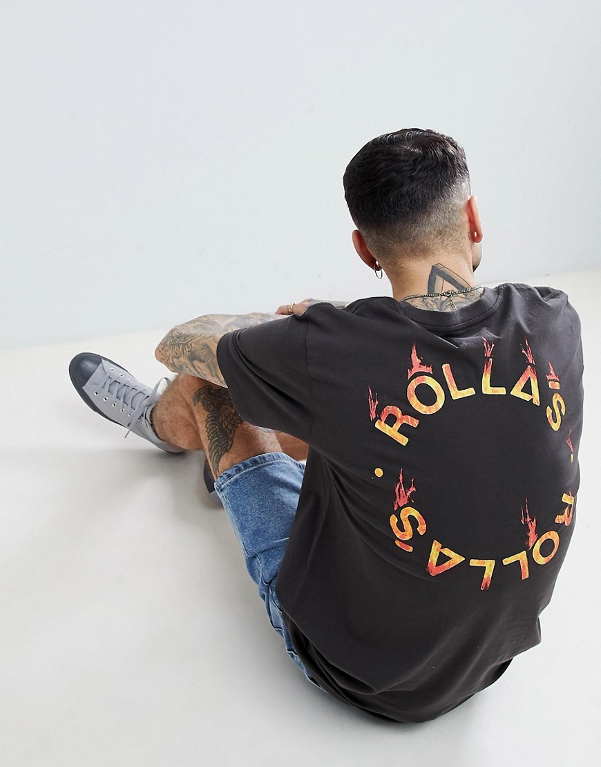 Rollas Flame Logo T-Shirt With Back Print - Faded black
