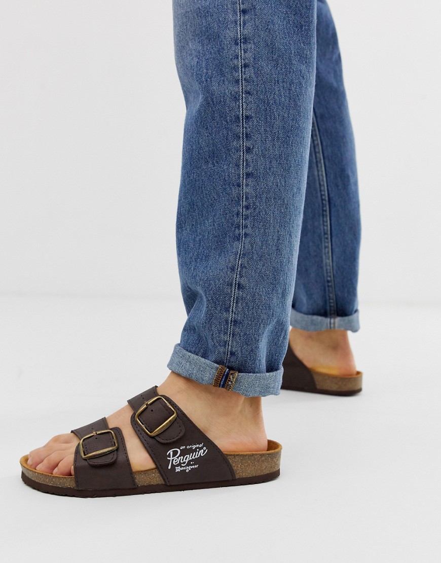 Original Penguin two buckle leather sandal in brown