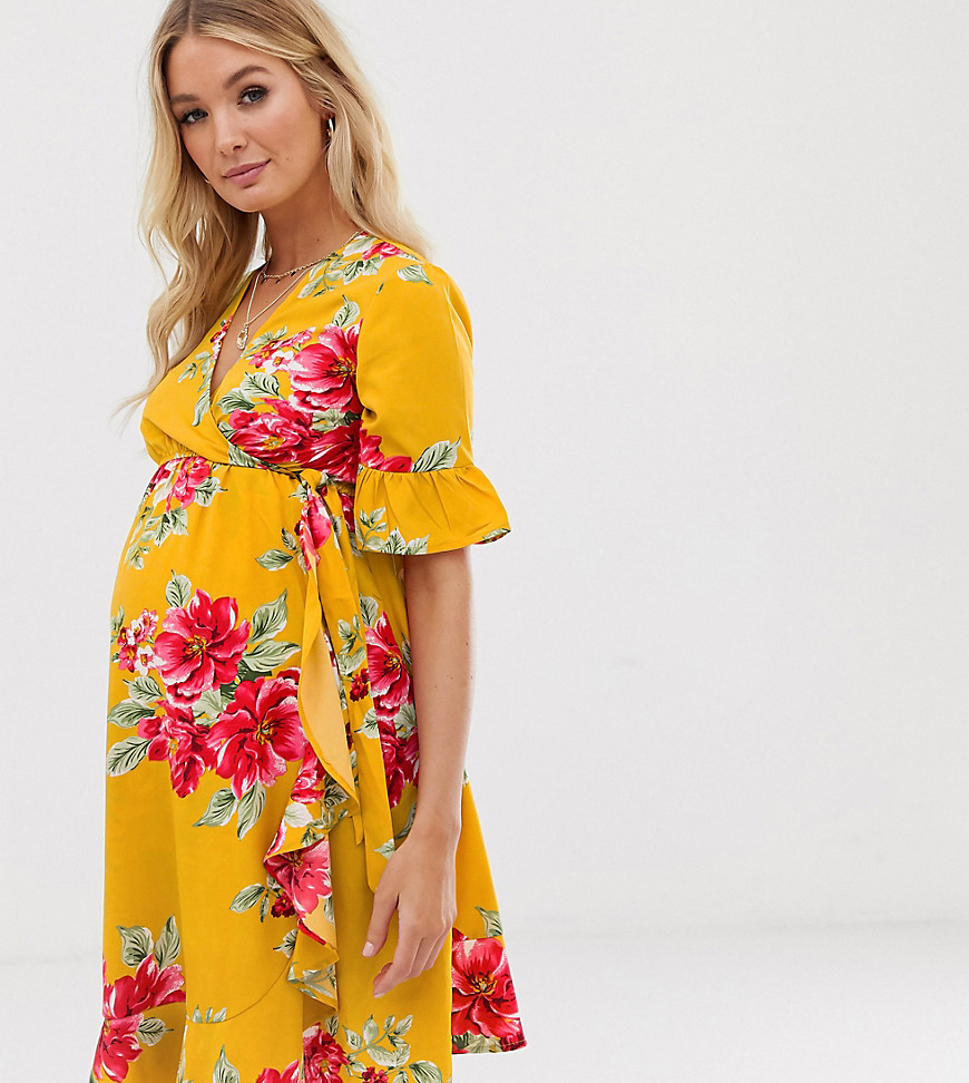 Influence Maternity wrap dress with frill detail in floral print