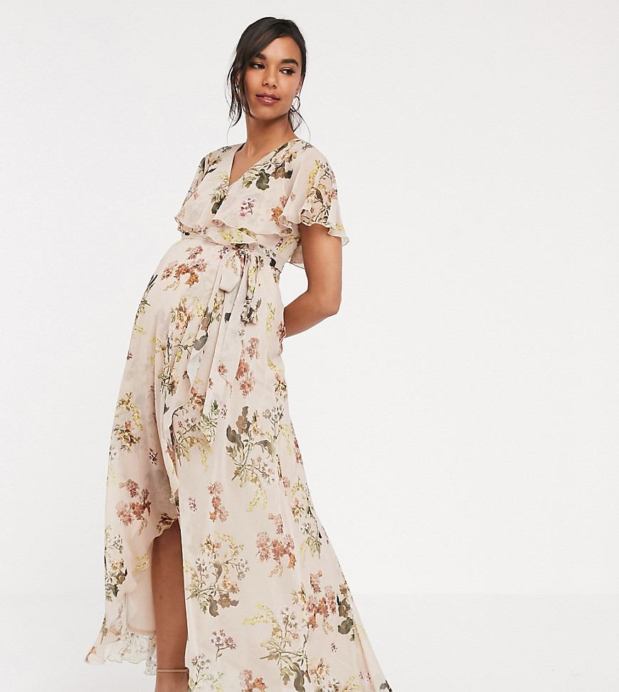 Asos Design Maternity Cape Maxi Dress With Dip Hem Taupe Floral Print - Multi