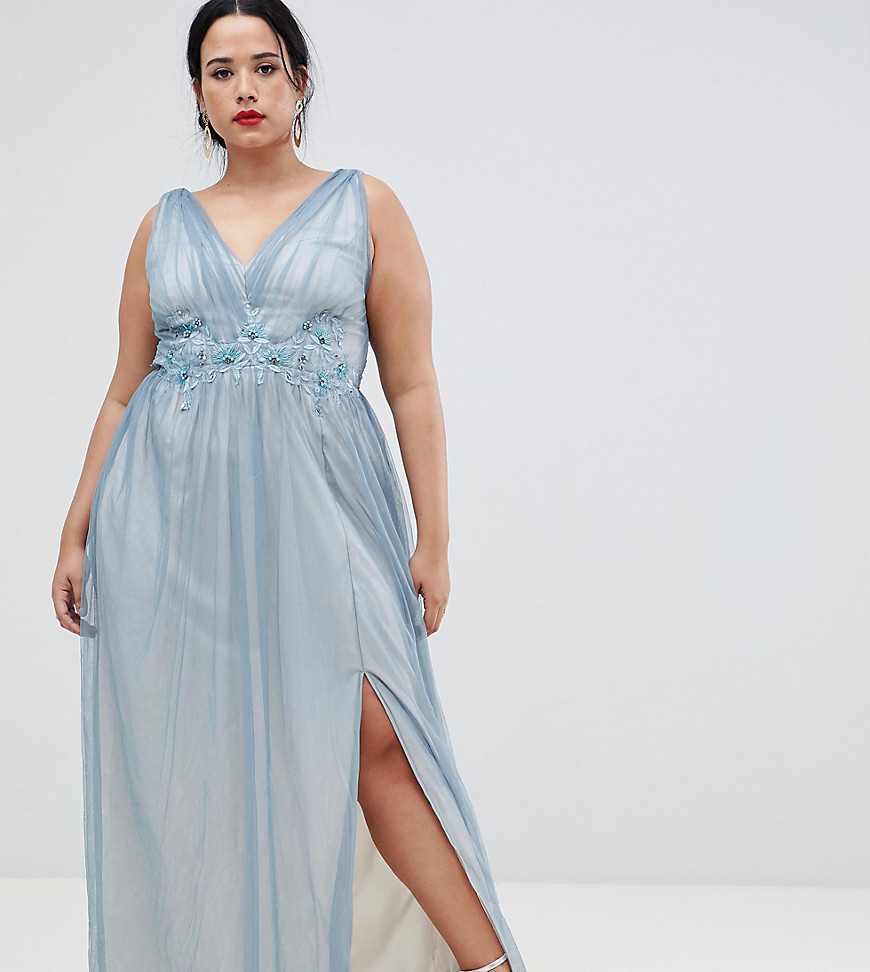 Little Mistress Plus Full Tulle Maxi Dress With Embroidery - Dusty blue