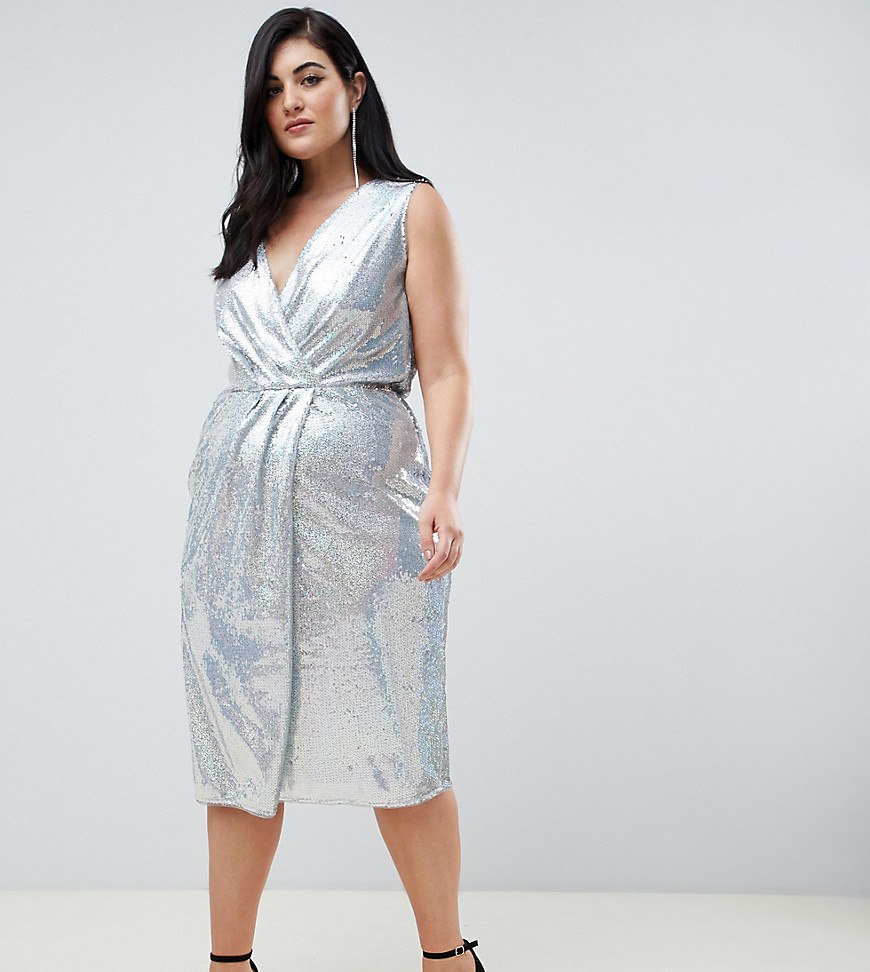 TFNC Plus sequin midi wrap dress in silver iridescent