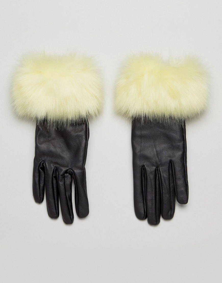 Urbancode Faux Fur Real Leather Trim Gloves - Black yellow