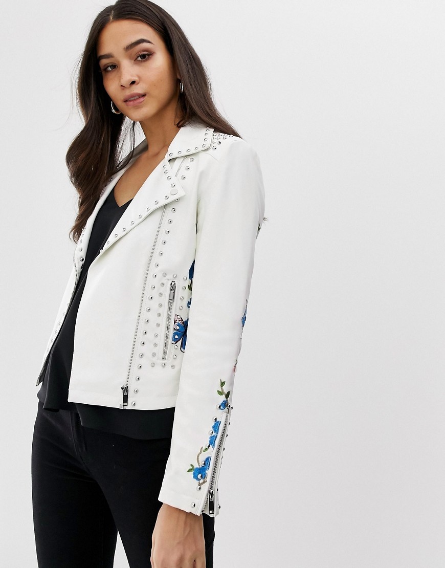 Forever Unique embroidered faux leather jacket