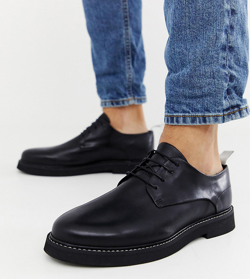 Asos Design Wide Fit Lace Up Shoes In Black Leather With Chunky Sole
