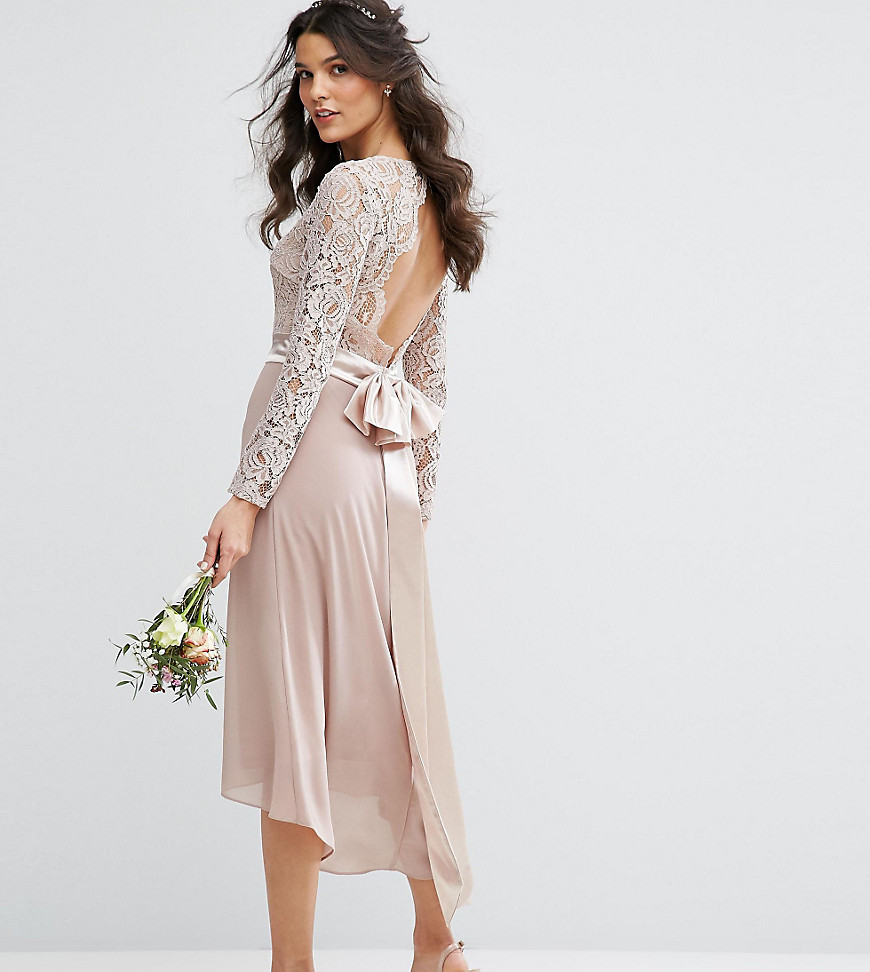TFNC WEDDING Lace Midi Dress With Bow Back - Mink
