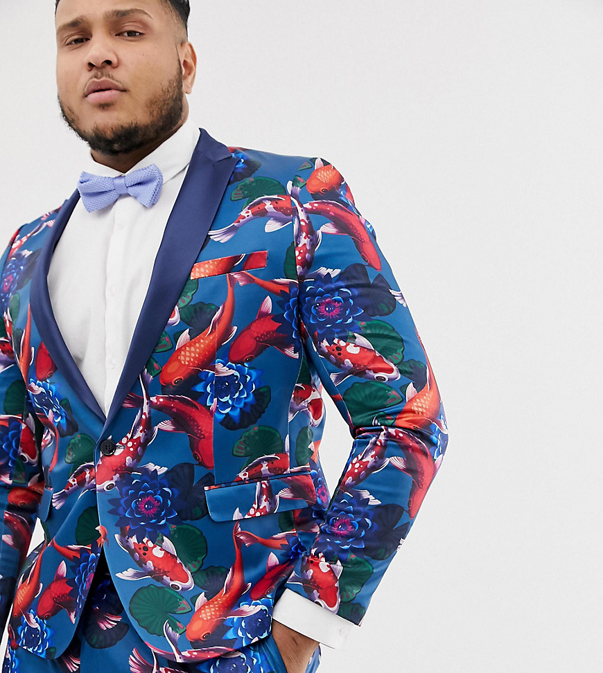 ASOS DESIGN Plus skinny tuxedo suit jacket in fish print
