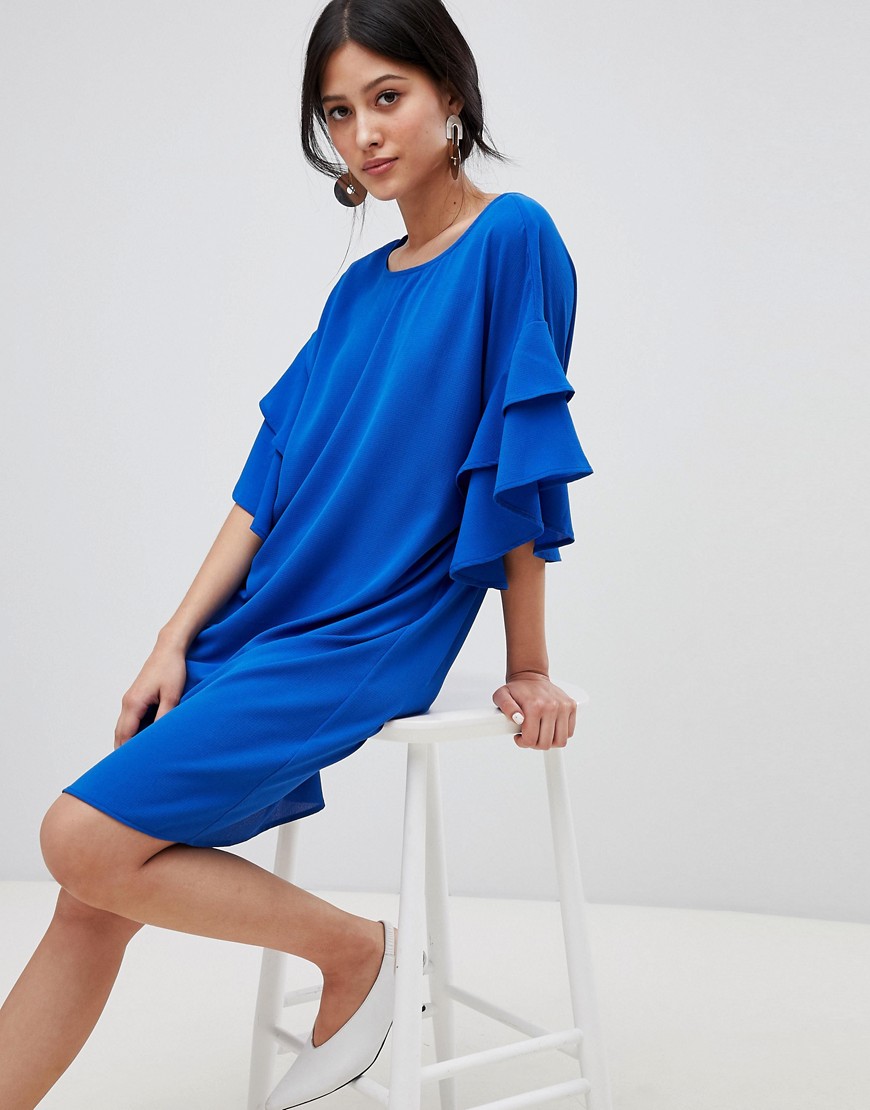 Y.A.S midi shift dress in blue with ruffle sleeve