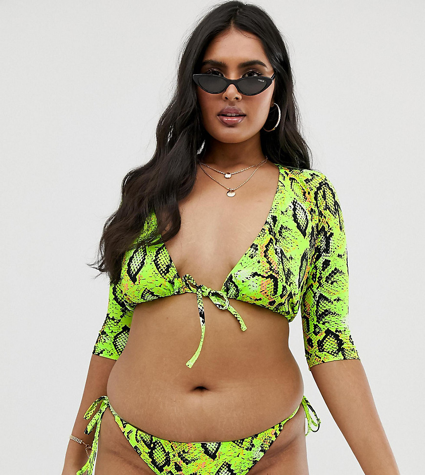 ASOS DESIGN curve mix and match long sleeve tie front bikini top in neon snake