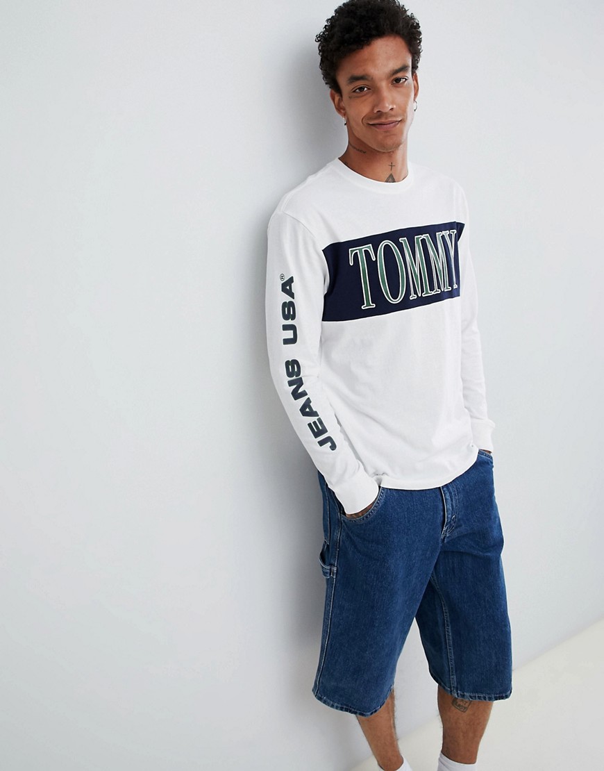 Tommy Jeans retro chest & sleeve logo long sleeve top in white - Classic white