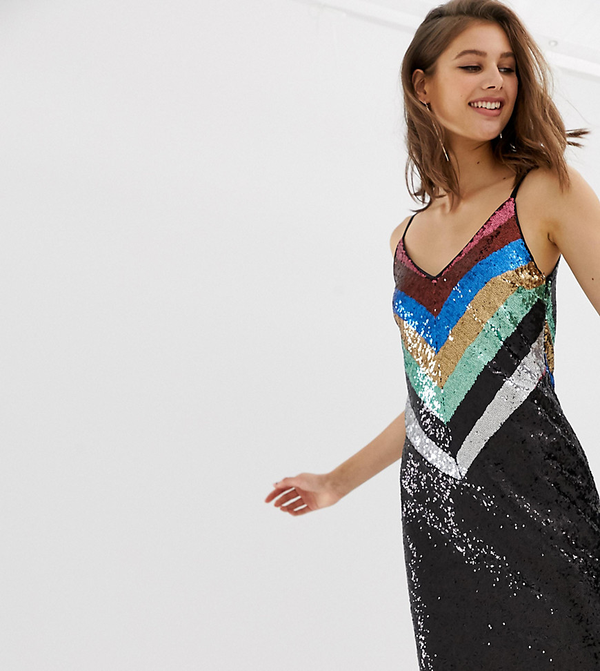 Warehouse slip dress in chevron rainbow sequin