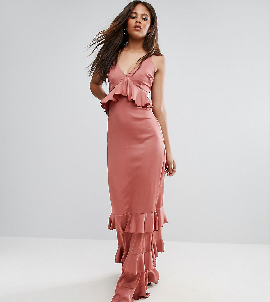 Y.A.S Studio Tall Gianna Frill Ruffle Maxi Dress With Premium Lace Inserts - Withered rose