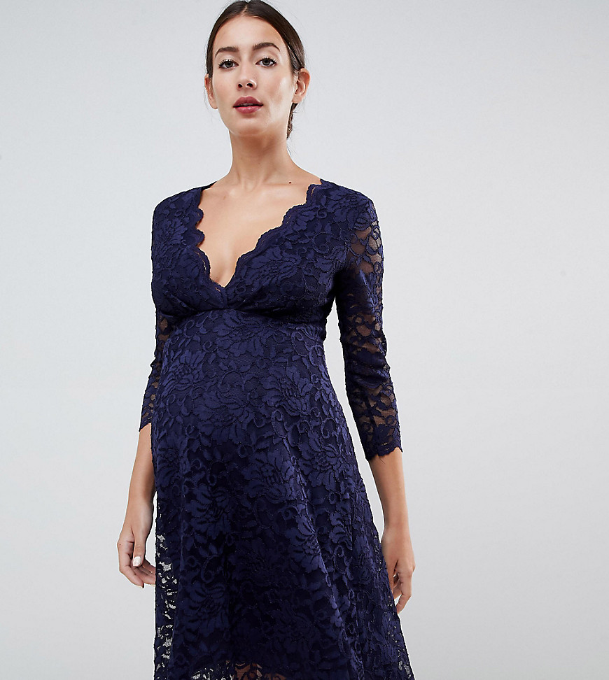 Flounce London Maternity lace prom dress with 3/4 sleeve in navy