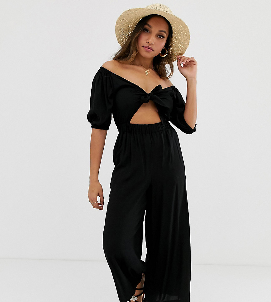 ASOS DESIGN petite tea jumpsuit with puff sleeve and tie detail