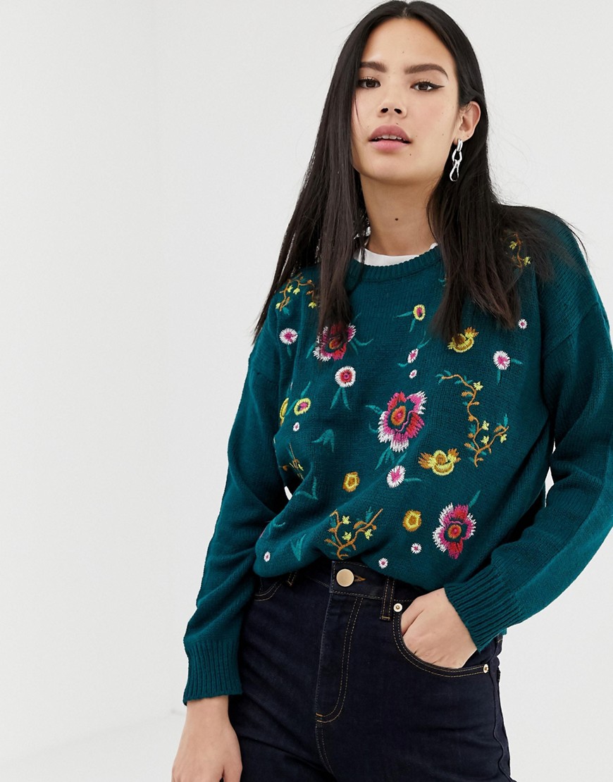 Brave Soul jumper with allover floral embroidery in teal
