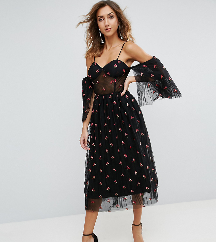 Embroidered Mesh Prom Midi Dress with Corset Detail - ASOS Tall