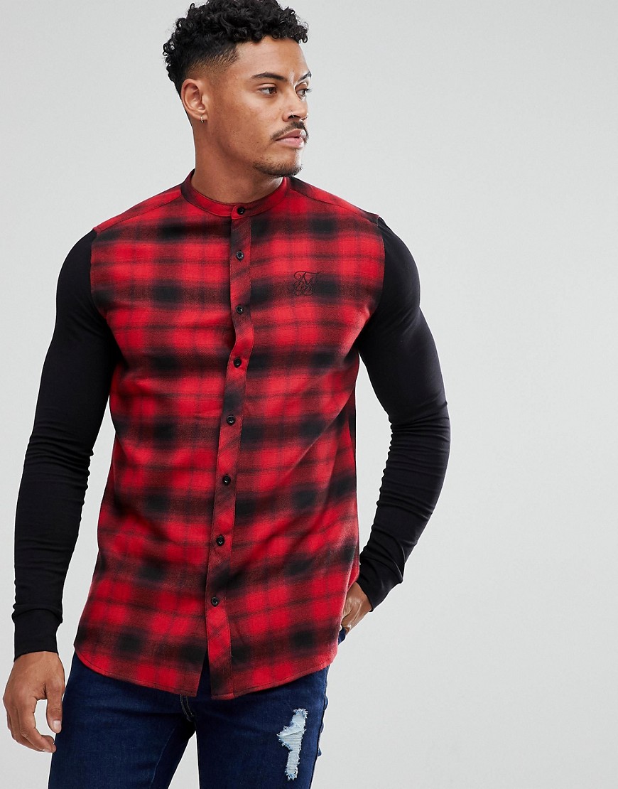 SikSilk Muscle Shirt In Red Check With Jersey Sleeves - Red