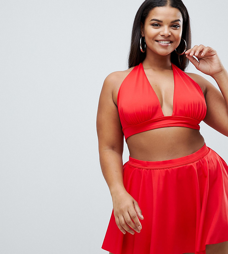 ASOS DESIGN Curve recycled supportive halter plunge bikini top in red