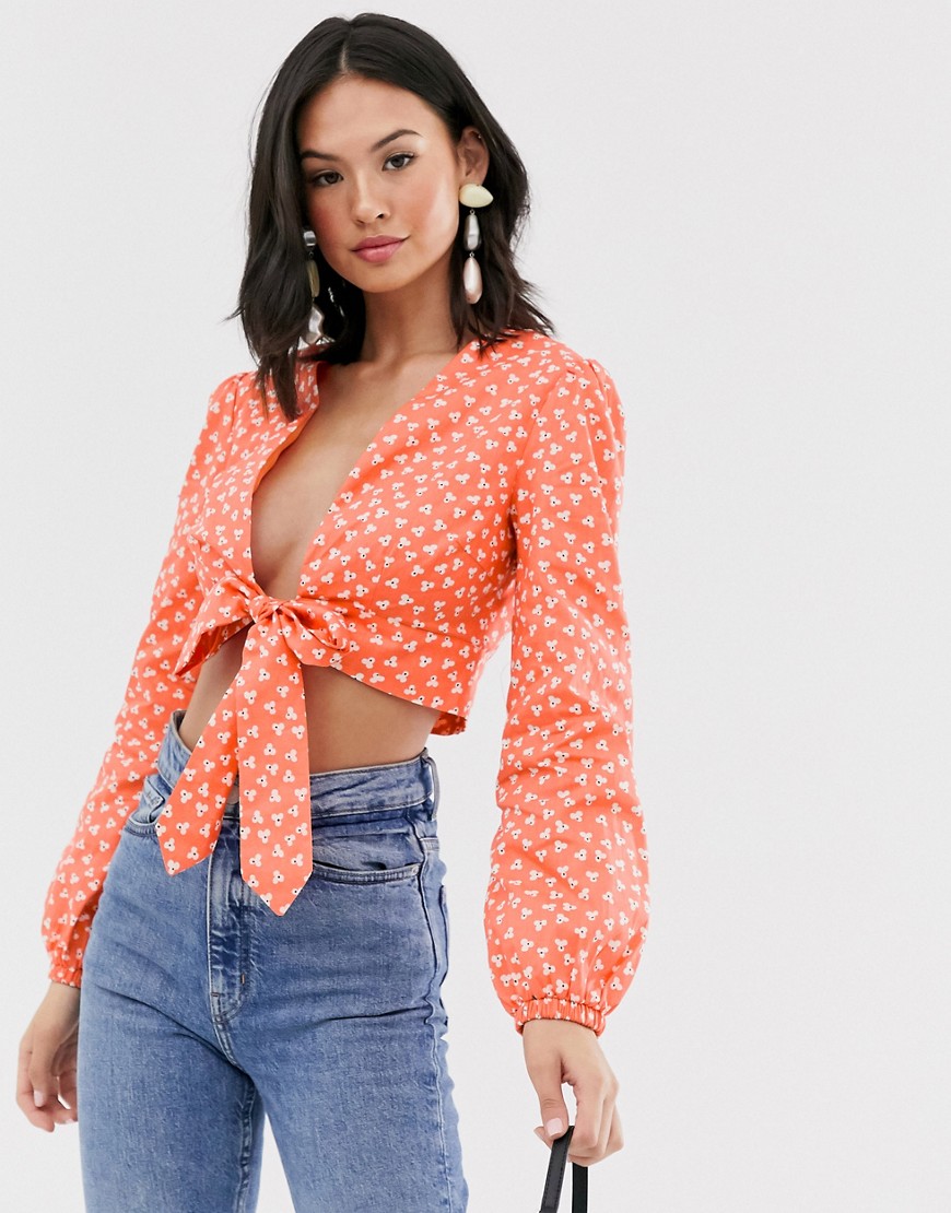 Glamorous plunge wrap top in ditsy floral