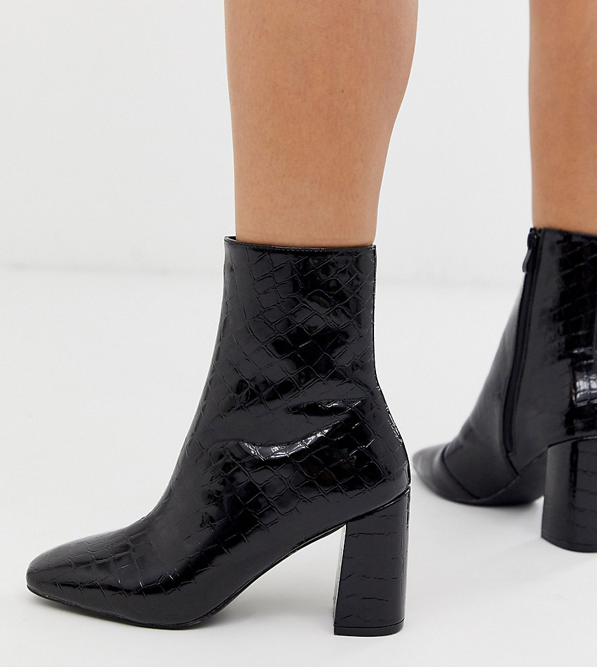 RAID Wide Fit Kim black croc patent heeled ankle boots