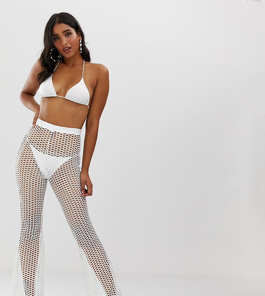 Missguided wide leg fishnet beach trousers in white