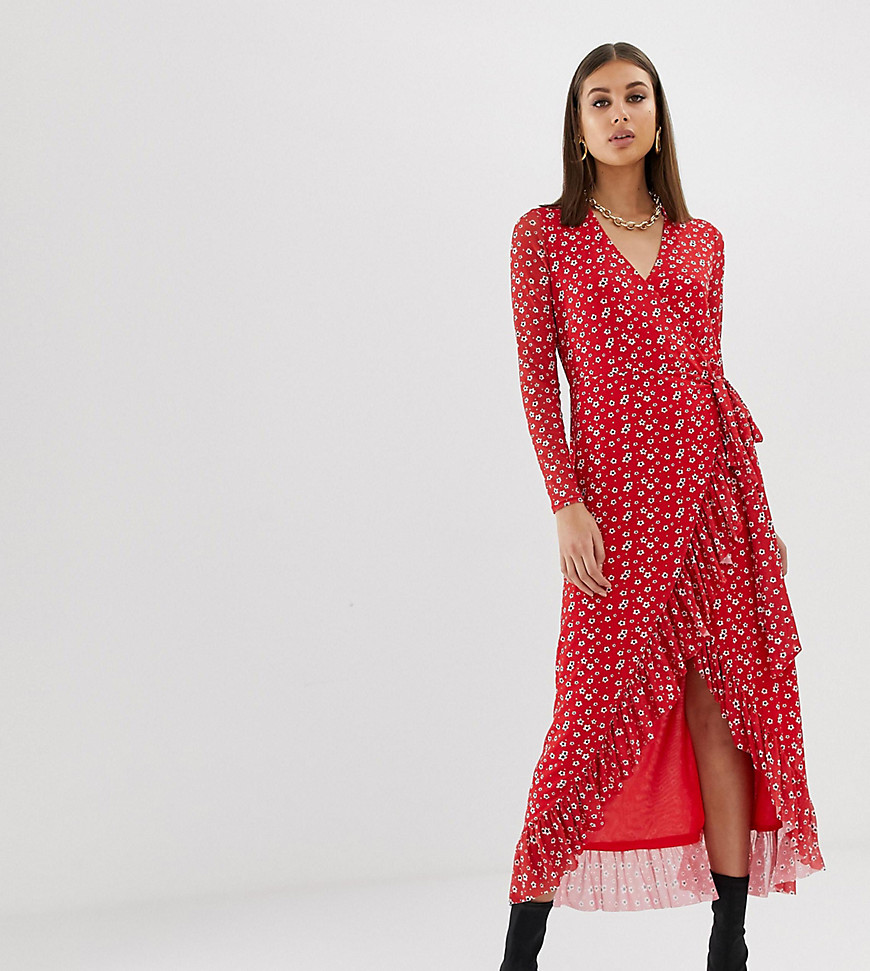 Na-kd flower print frill wrap dress in red