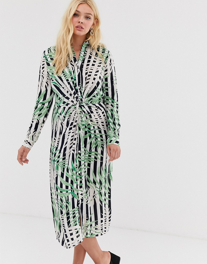 QED London midi shirt dress with knot front detail in stripe and leaf print
