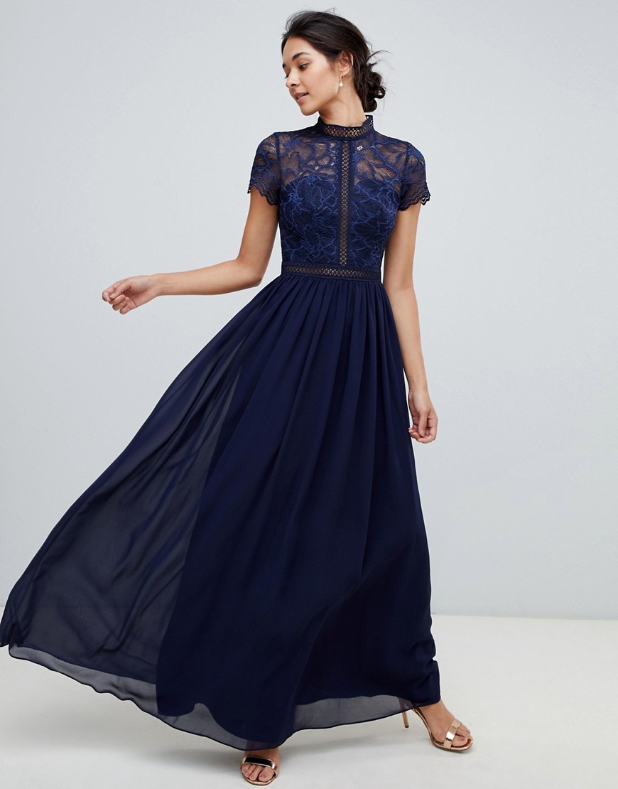 Chi Chi London 2 in 1 lace top maxi dress in navy
