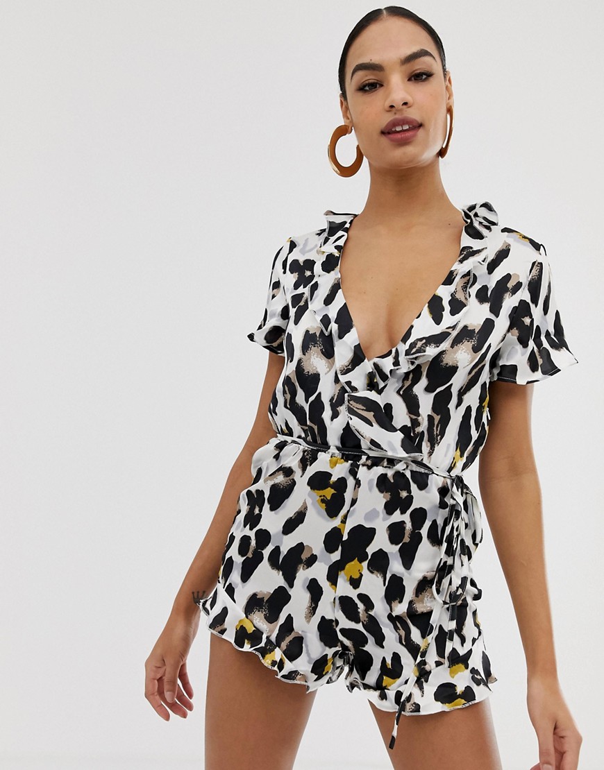 In The Style leopard satin frill wrap playsuit