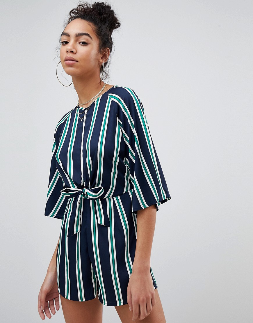 Missguided Stripe Tie Front Playsuit - Navy / green