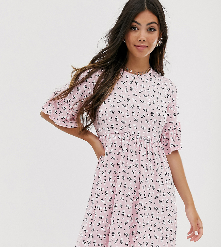 Boohoo Petite smock dress in pink ditsy floral