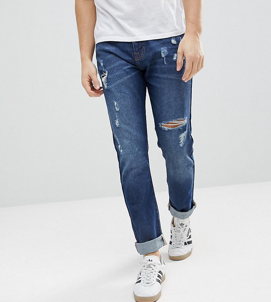 Brooklyn Supply Co Tapered Jeans With Thigh Rip In 90's Blue